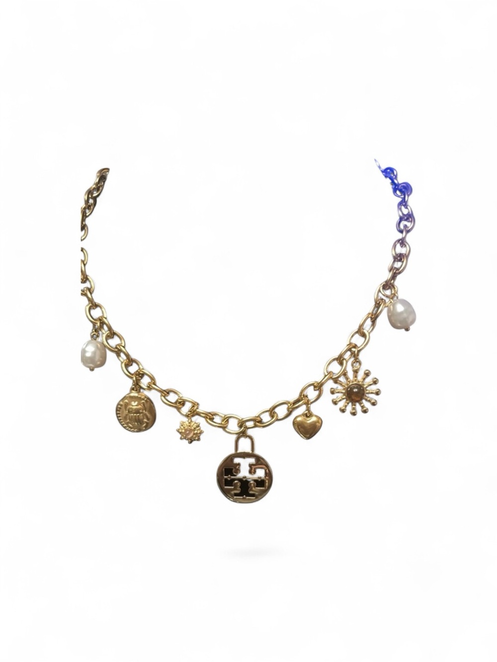 Gold-Tone Charm Necklace with Pearl Accents - Designer Logo Pendant